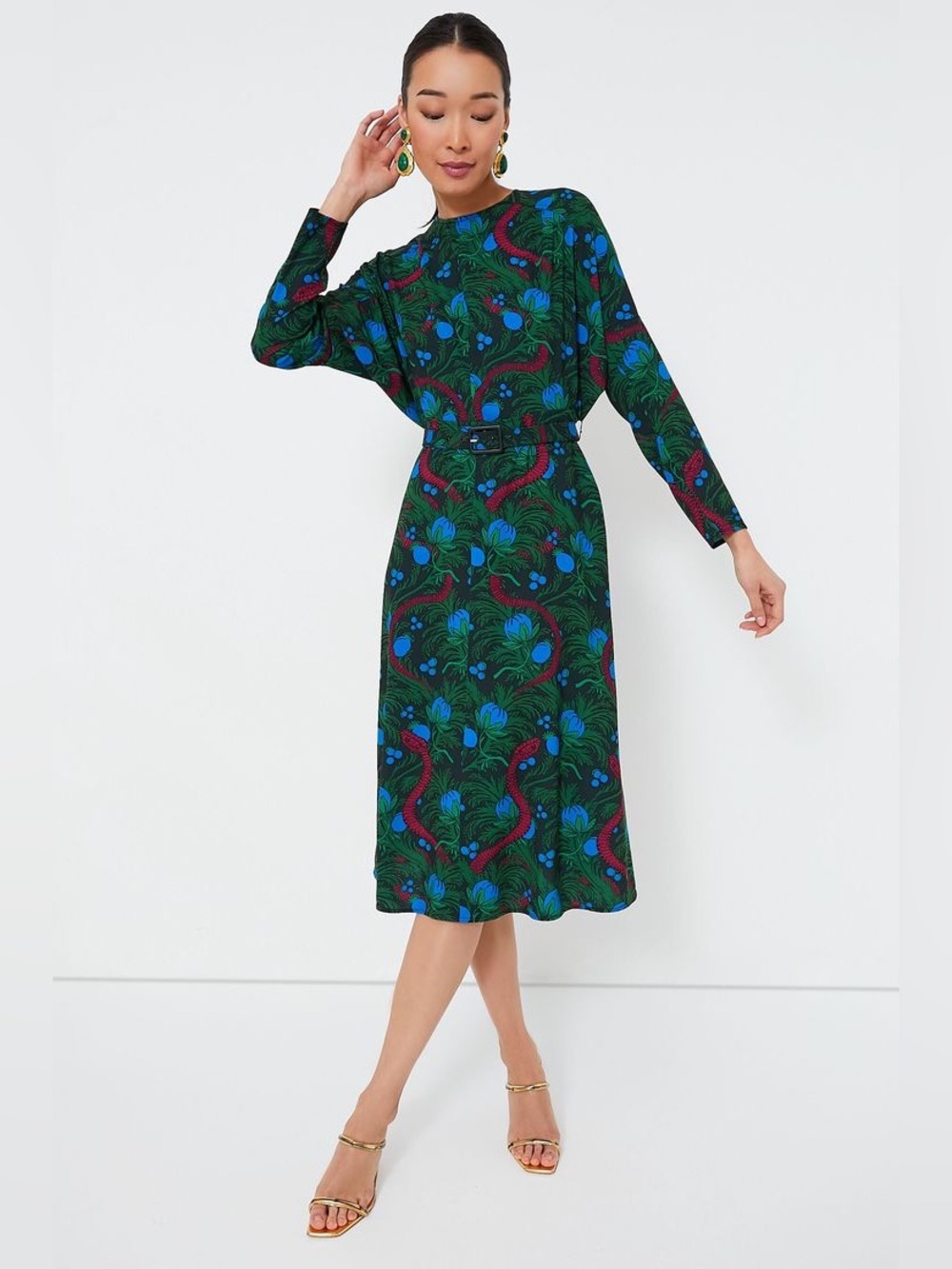 Tuckernuck Serpentine Vines Bex Dress L Belted Midi Green Blue Print Long Sleeve